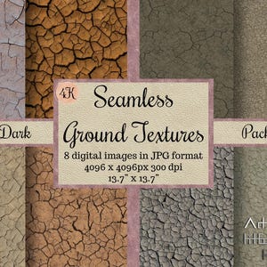 May include: A digital collection of eight seamless ground textures featuring cracked earth patterns in various shades of brown, gray, and tan. The central text reads 4K Seamless Ground Textures Pack, 8 digital images in JPG format, 4096 x 4096px 300 dpi, 13.7 x 13.7 inches.