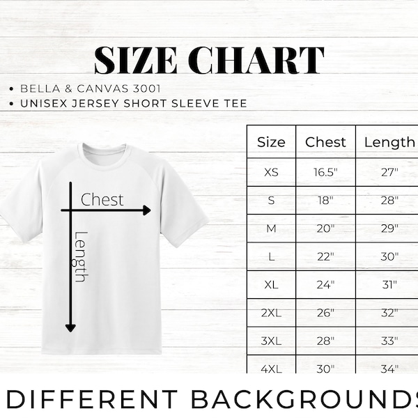 Bella Canvas 3001 Size Chart, 3001 Size Chart, Size Chart Bella Canvas 3001, Size Chart for T-Shirts, Bella Canvas Size Chart 3001