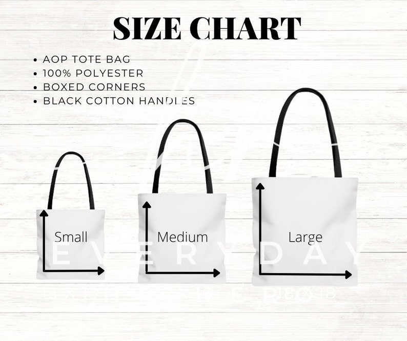 Tote Bag Size Chart, AOP Tote Size Chart, Sizing Chart for Tote Bags