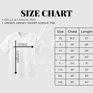 Bella Canvas 3001 Size Chart 3001 Size Chart Size Chart - Etsy