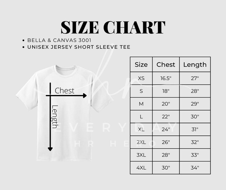 Bella Canvas 3001 Size Chart 3001 Size Chart Size Chart - Etsy