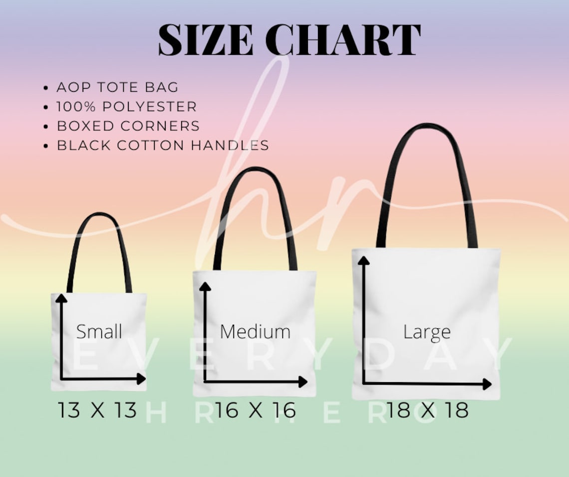 Tote Bag Size Chart, AOP Tote Size Chart, Sizing Chart for Tote Bags