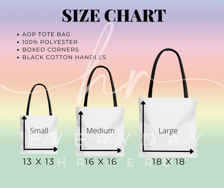 Tote Bag Size Chart, AOP Tote Size Chart, Sizing Chart for Tote Bags