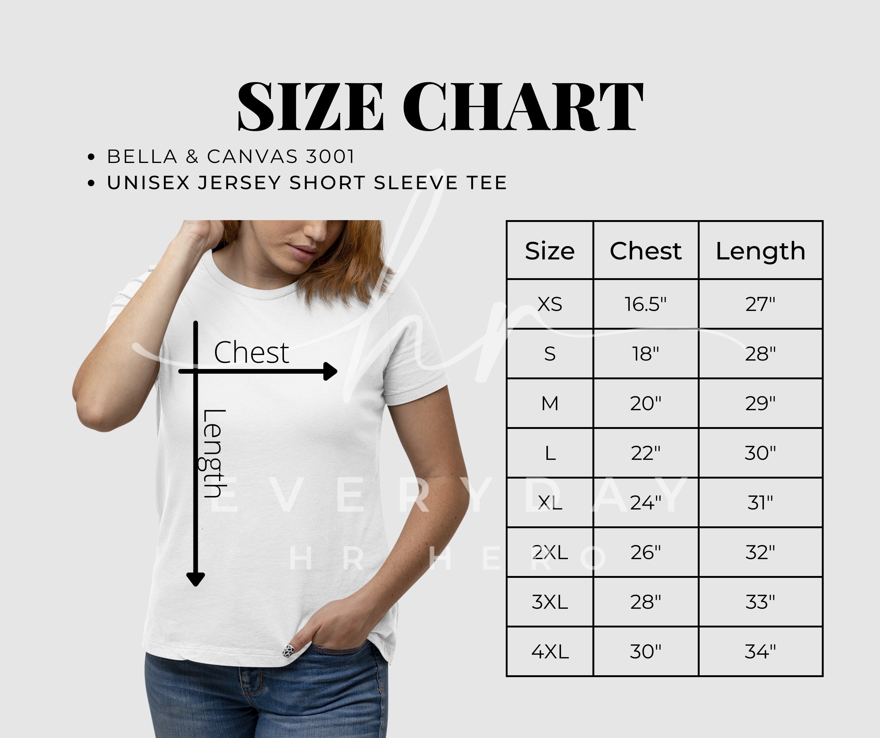 Bella Canvas 3001 Size Chart 3001 Size Chart Size Chart - Etsy