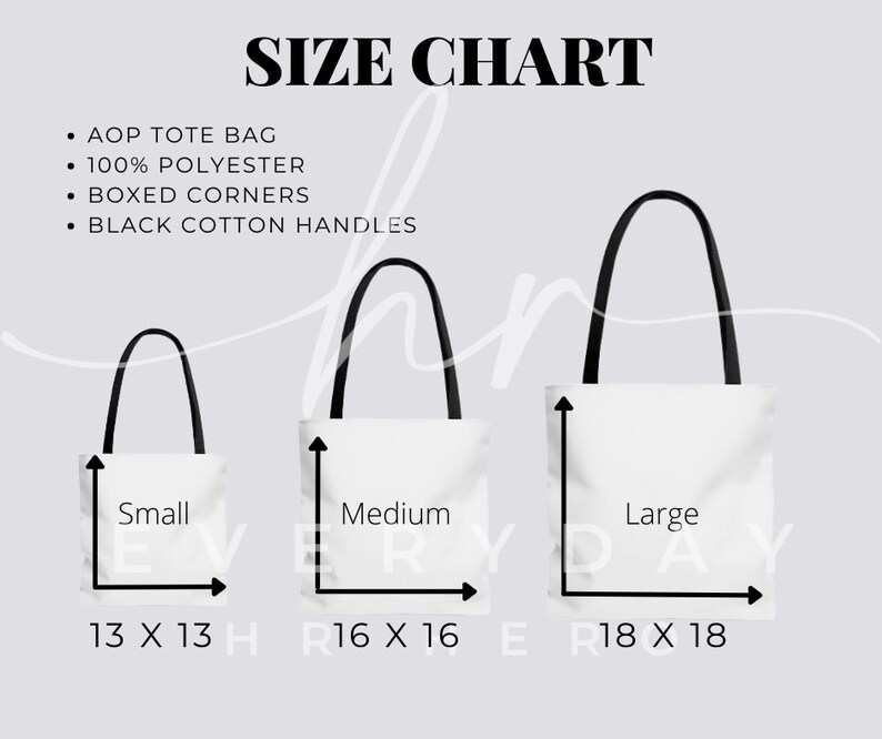 Tote Bag Size Chart, AOP Tote Size Chart, Sizing Chart for Tote Bags