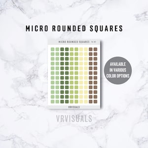 Peut inclure: Une feuille d'autocollants avec le texte "MICRO ROUNDED SQUARES" et une grille de petits carrés arrondis de couleurs vertes, jaunes et marron. Le texte "AVAILABLE IN VARIOUS COLOR OPTIONS" est également présent.