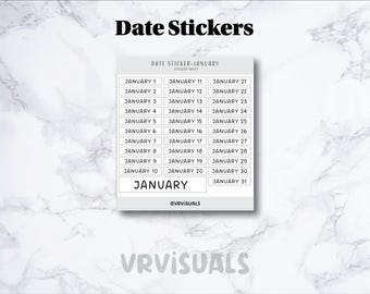 May include: A sheet of date stickers for January, with each day of the month listed in a grid. The stickers are white with black text, and the word "January" is at the bottom. The text "Date Stickers" is at the top.