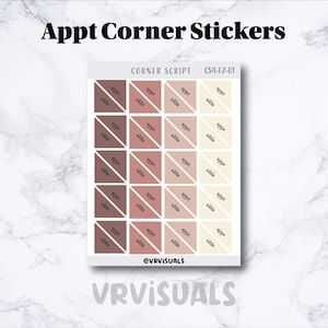May include: A sheet of 16 corner script stickers with a gradient of pink and beige. The stickers are arranged in a 4x4 grid. The text "CORNER SCRIPT CS4-F2-01" is printed at the top of the sheet. The text "@VRVISUALS" is printed at the bottom of the sheet.