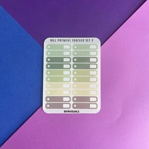 May include: A sheet of stickers with a green, yellow, and brown color scheme. The stickers are labeled "Bill Payment Tracker Set 2" and feature a circle and a rectangle for each bill. The bottom of the sheet says "@vrvvisuals".