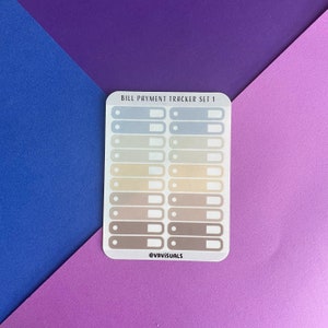 May include: A sheet of bill payment tracker stickers with a variety of pastel colors. The stickers have a blank space for writing the bill name and a check box for marking the payment. The text "BILL PAYMENT TRACKER SET 1" is printed at the top of the sheet. The text "@VRVISUALS" is printed at the bottom of the sheet.