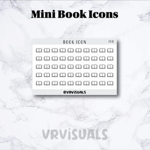 May include: A sheet of white sticker paper with 108 black book icons. The sheet is labeled "BOOK ICON" and "108". The text "@VRVISUALS" is at the bottom of the sheet.