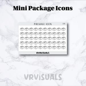 Puede incluir: Una hoja de pegatinas con mini iconos de paquetes. Las pegatinas son blancas con dibujos lineales negros de cajas. El texto "Mini Package Icons" está en la parte superior, y "Package Icon" está impreso en la hoja de pegatinas. La marca "VRVISUALS" está en la parte inferior.