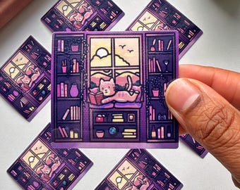 Cat reading with Bookshelf| Bookish merch | Waterproof sticker for Laptops, Waterbottles, phones, kindle, kobo,etc