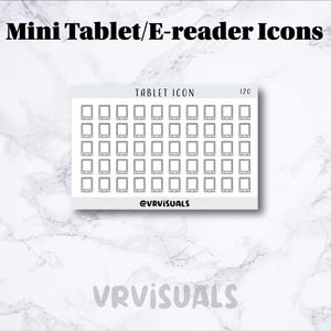 Könnte beinhalten: Ein weißes Stickerbogen mit 48 kleinen Tablet-Symbolen. Auf dem Bogen steht "Tablet Icon" und "120". Der Text "Mini Tablet/E-reader Icons" steht oben. Der Stickerbogen befindet sich auf einem weißen und grauen Marmorhintergrund.