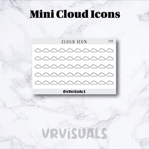 May include: A sheet of mini cloud icons in a grid pattern. The icons are black outlines of clouds. The text "Mini Cloud Icons" is at the top, and "CLOUD ICON 119" is on the sheet. The @VRVISUALS logo is at the bottom.