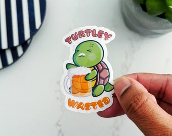 Turtley Wasted Turtle Sticker | Funny Pun Decal, Waterproof Vinyl for Laptop & Water Bottle | Animal, Humor