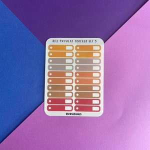 May include: A sheet of bill payment tracker stickers with a white background and a variety of colored rectangular stickers. The stickers are in shades of orange, brown, and red. The text "BILL PAYMENT TRACKER SET 5" is at the top of the sheet. The text "@VRVISUALS" is at the bottom of the sheet.