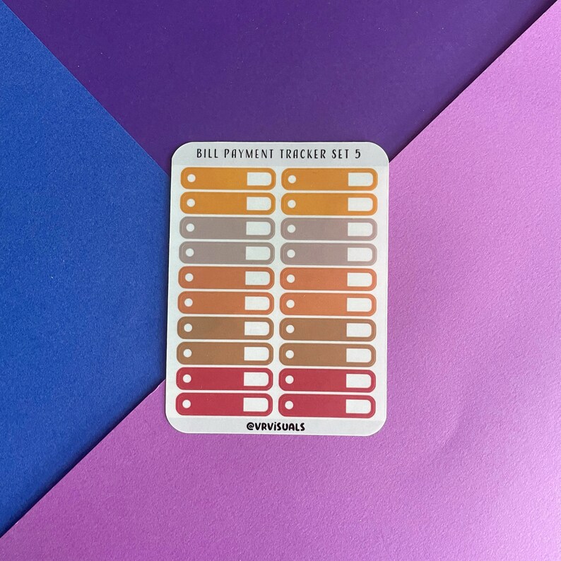 May include: A sheet of bill payment tracker stickers with a white background and a variety of colored rectangular stickers. The stickers are in shades of orange, brown, and red. The text "BILL PAYMENT TRACKER SET 5" is at the top of the sheet. The text "@VRVISUALS" is at the bottom of the sheet.