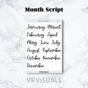 May include: A white sheet with black text listing the months of the year in a script font. The text reads "Month Script" at the top and "@VRVISUALS" at the bottom.