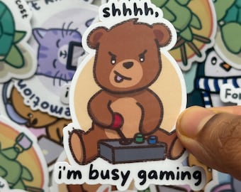 Gaming Sticker - Shhh I'm Gaming Bear| videogame, gamer, hobby sticker | Waterproof sticker for Laptops, Waterbottles, phones, etc