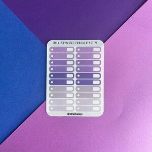 May include: A sheet of purple and white bill payment tracker stickers with the text "BILL PAYMENT TRACKER SET 4" and the text "@VRVISUALS" at the bottom.