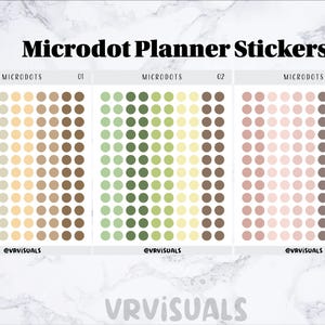 Op de afbeelding: Drie vellen met planner stickers met kleine, kleurrijke stippen in verschillende tinten blauw, groen, bruin, geel, roze en grijs. De vellen zijn gelabeld "Microdots" met de nummers 01, 02 en 03.