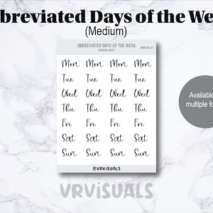 Könnte beinhalten: Eine Sticker-Tabelle mit abgekürzten Wochentagen, "Mo", "Di", "Mi", "Do", "Fr", "Sa", und "So", in einer handschriftlichen Schriftart. Die Sticker-Tabelle ist mit "Abgekürzte Wochentage (Mittel)" und "VRVISUALS" beschriftet.