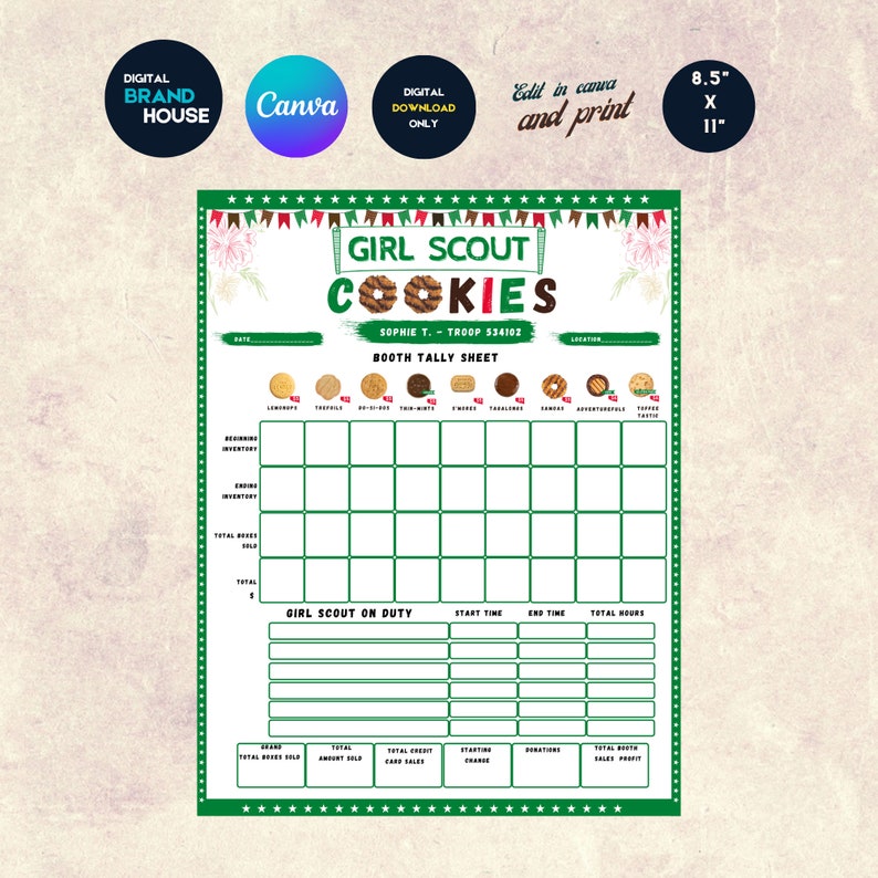 LBB Girl Scout Cookie Tally Sheet Editable Canva Template Etsy
