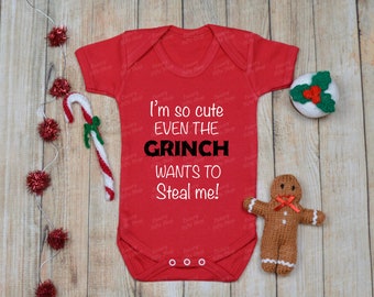Personalised christmas baby vest, I'm so cute, grinch wants to steal me, first christmas vest, baby clothing