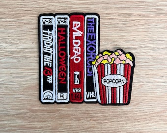 Horror Movie Patch / Scary Movie Retro VHS Patch / Popcorn Film Patch Sew Or Iron On Embroidered Movie Lovers Patch For Backpacks, Jackets