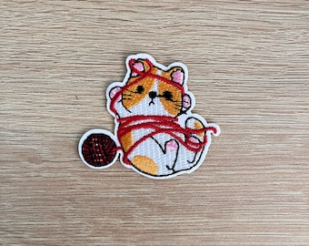 Ginger Cat Embroidered Patch - Playful Kitten with Yarn - Cute Kitty Applique