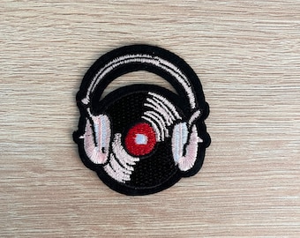 Vinyl Record with Headphones Patch, Embroidered Iron On Music Patch