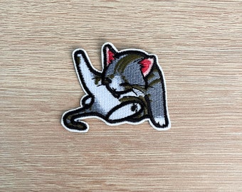 Cat Licking Butt Patch / Funny Grey And White Cat Patch / Sew Or Iron On Embroidered Patch / Cute Patch For Backpack, Jackets, Hats & Bags
