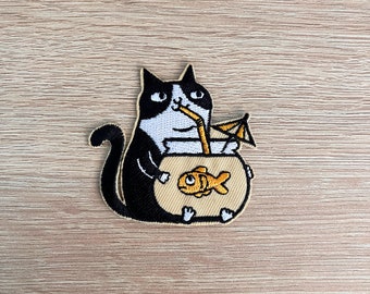 Cat Patch / Funny Cute Cat Patch / Sew Or Iron On Embroidered Black And White Cat Patch / Cat And Goldfish Patch For Backpacks, Jackets, Hat