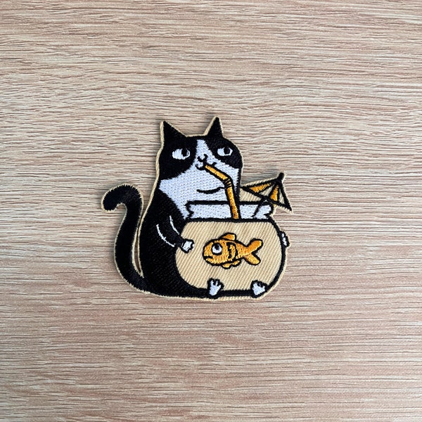 Cat Patch / Funny Cute Cat Patch / Sew Or Iron On Embroidered Black And White Cat Patch / Cat And Goldfish Patch For Backpacks, Jackets, Hat