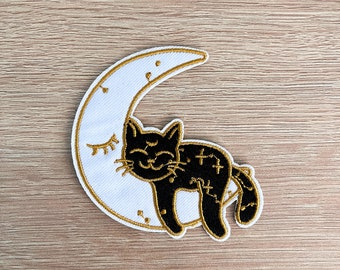 Black Cat Sleeping On A Crescent Moon Patch / Cute Cat Patch / Sew Or Iron On Embroidered Cat Patch / Cat Patch For Jackets, Bags, Backpacks