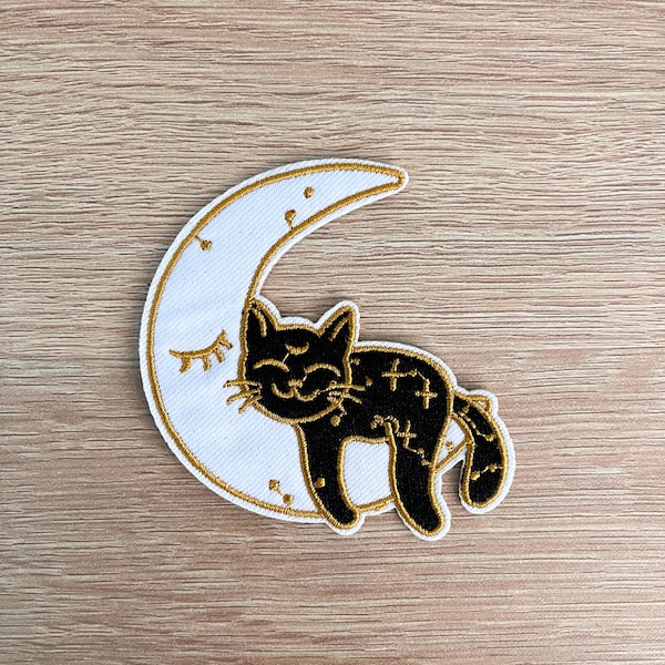 Black Cat Sleeping On A Crescent Moon Patch / Cute Cat Patch / Sew Or Iron On Embroidered Cat Patch / Cat Patch For Jackets, Bags, Backpacks