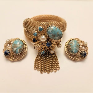 Embellished Filigree Mesh Wrap Bracelet with Matching Clip Earrings