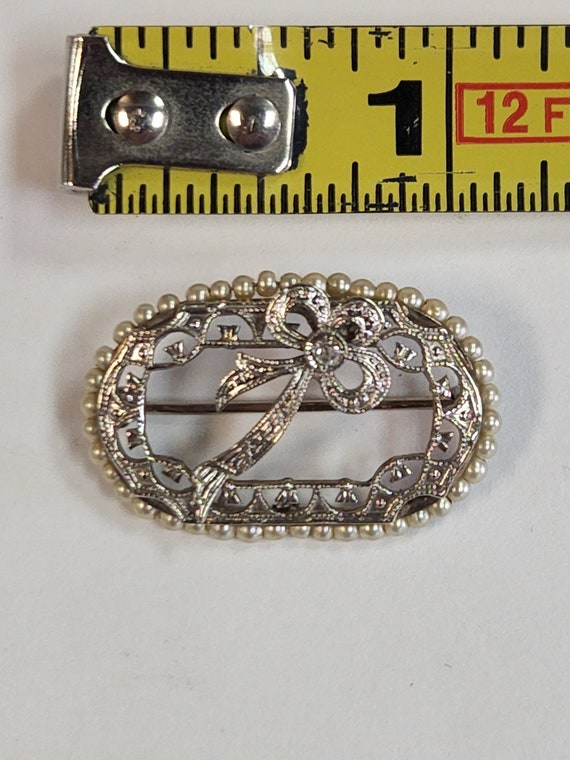 Edwardian 10k WG Filigree Diamond Faux Pearl Pin - image 3