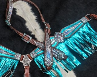 Western Screw Back Concho Crystals Breast Cancer Headstall Bling Cowgirl Set Of 