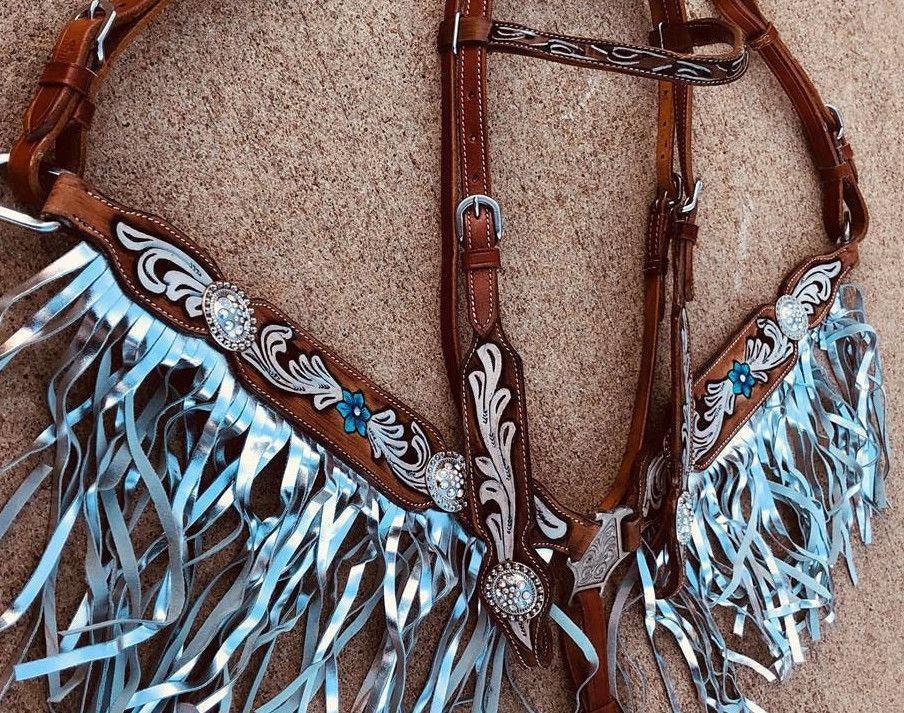 4 PC TACK SET WESTERN HORSE BLING HAND BEADED BRIDLE HEADSTALL W/ BREAST COLLAR 