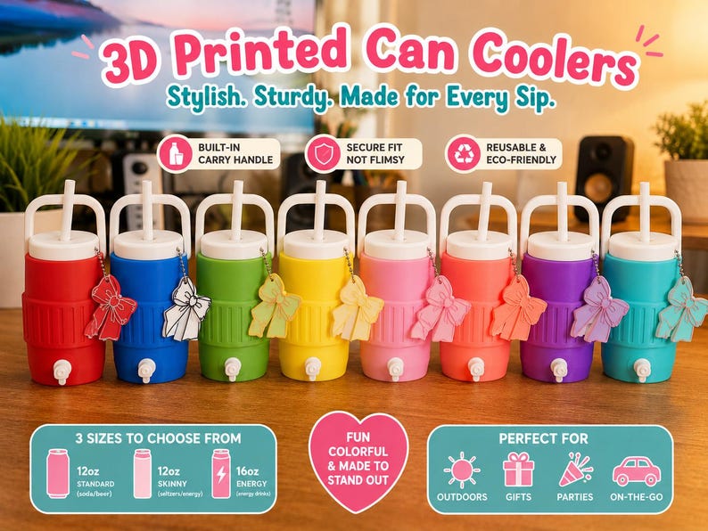May include: A row of colorful 3D-printed can coolers with white handles and lids. Each cooler has a different color, including red, blue, green, yellow, pink, orange, purple, and teal. The image includes text that says "3D Printed Can Coolers" and "Stylish. Sturdy. Made for Every Sip."