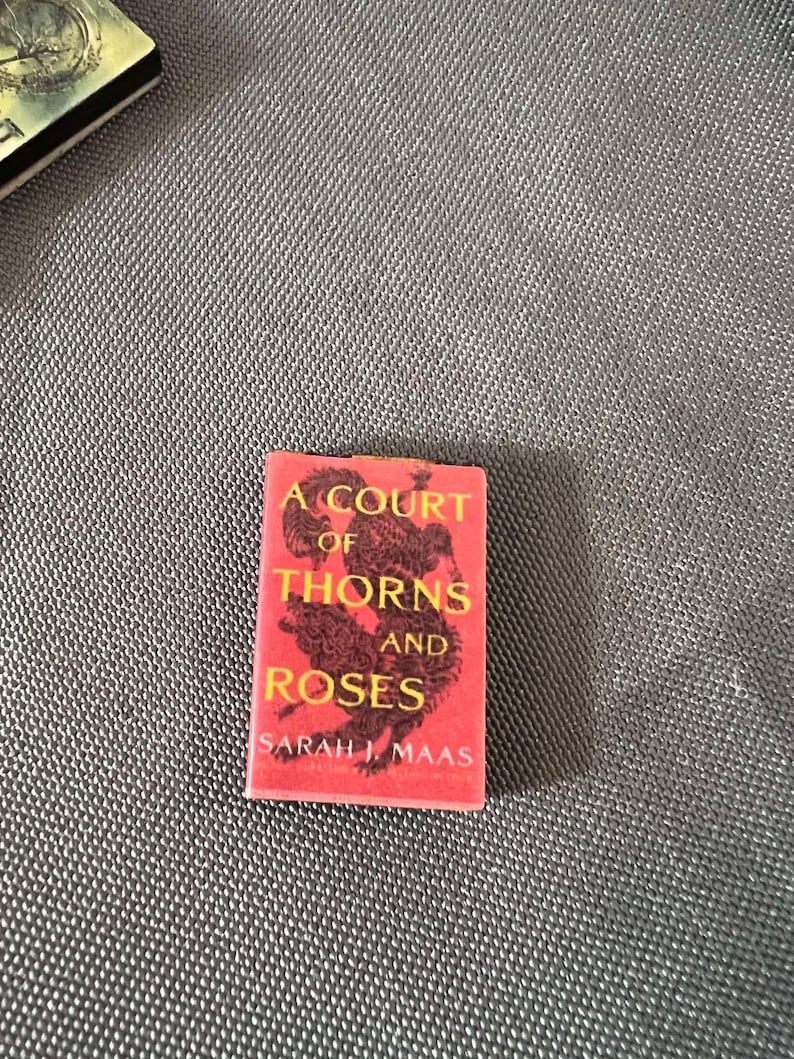 May include: A red paperback book with the title "A Court of Thorns and Roses" by Sarah J. Maas. The cover features a black illustration of a dragon.