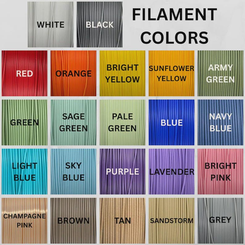 May include: A color chart of 3D printer filament spools. The image displays a variety of colors, including white, black, red, orange, yellow, green, blue, purple, pink, brown, tan, and grey. Text at the top reads "FILAMENT COLORS".