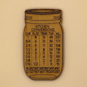 May include: A brown mason jar-shaped kitchen conversion chart with the text "KITCHEN CONVERSIONS" and a table listing measurements for cups, fluid ounces, tablespoons, teaspoons, and milliliters. The bottom of the chart includes the text "F: 250*300*325*350*400*450*" and "C: 120 150 160*175*200*230".