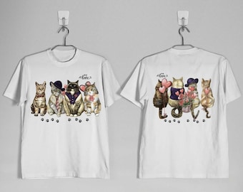 Cat Love Shirt Double Sided, Heart Cats Front and Back Print Tee