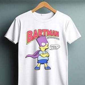 May include: White t-shirt with a graphic print of a cartoon character wearing a purple cape and a yellow mask. The character is standing with arms crossed and a speech bubble above his head that says "Watch it, dude". The text "Bartman" is printed above the character in pink and red letters.