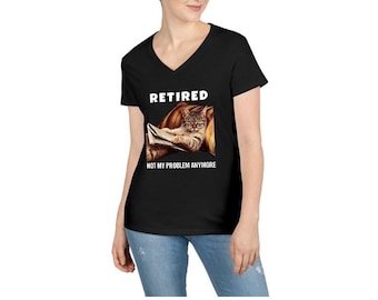 Funny Retired Cat V-Neck T-Shirt for Women, Relaxing Kitty Graphic Retirement Gift