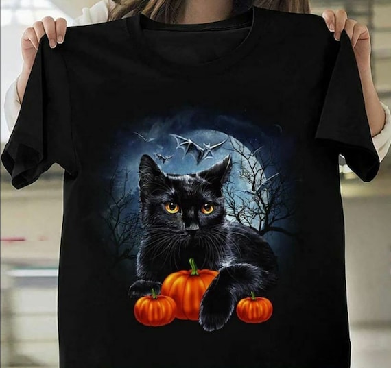 The Black Cat, Pumpkin and Moon Light Vintage T Shirt, Gift for
