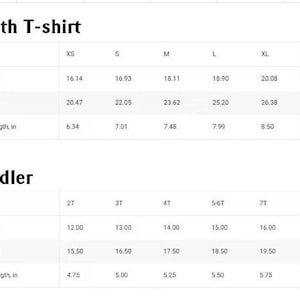 May include: Size chart for youth and toddler t-shirts, showing width, length, and sleeve length in inches for different sizes.